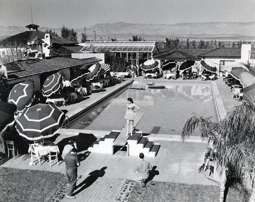 A fashion show at the Albert Frey-designed Racquet Club, Palm Springs, California, 1939. Source: Palm Springs Historical Society