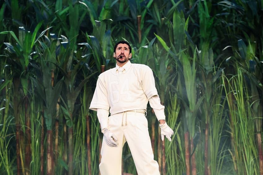 Bad Bunny wearing custom Zara during the Apple Music halftime show at Super Bowl LX at Levi Stadium, Santa Clara, Calif. Source: Getty