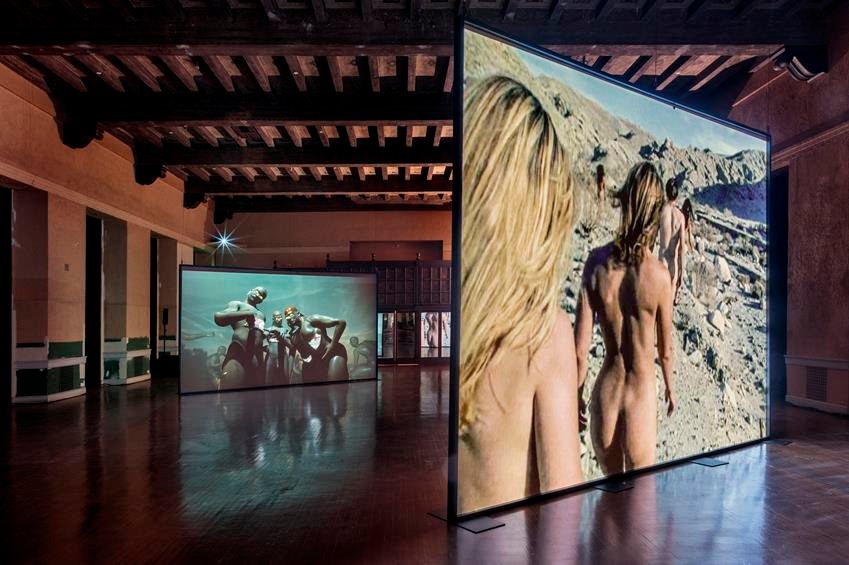 Left, Jacolby Satterwhite, Shrines, 2020: right, Doug Aitken, Blow Debris, 2000, What a Wonderful World: An Audiovisual Poem, 2026. Source: Joshua White/Julia Stoschek Foundation