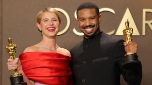 : (L-R) Jessie Buckley, winner of the Best Actress Award for “Hamnet” and Michael B. Jordan, winner of the Best Actor Award for “Sinners”, pose in the press room during the 98th Oscars at Dolby Theatre on March 15, 2026 in Hollywood, California. (Photo by Brianna Bryson/Getty Images)