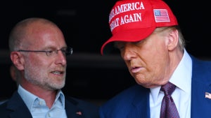Donald Trump speaks to Brendan Carr on Nov. 19, 2024 in Brownsville, Texas. (Brandon Bell/Getty Images)