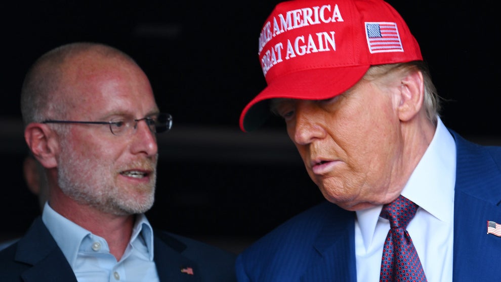 Donald Trump speaks to Brendan Carr on Nov. 19, 2024 in Brownsville, Texas. (Brandon Bell/Getty Images)