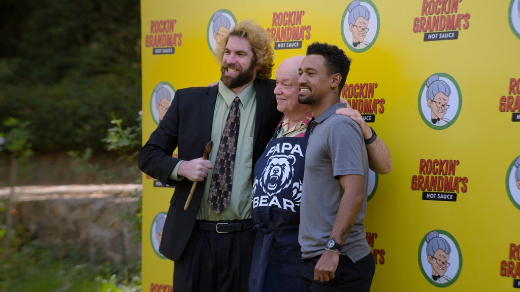 Dougie Jr. (Alex Bonifer), Doug (Jerry Hauck), Anthony in "Jury Duty Presents: Company Retreat" (Prime Video)