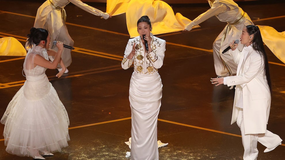Rei Ami, EJAE and Audrey Nuna perform "Golden" during the 98th Annual Academy Awards. (Robert Gauthier / Los Angeles Times via Getty Images)