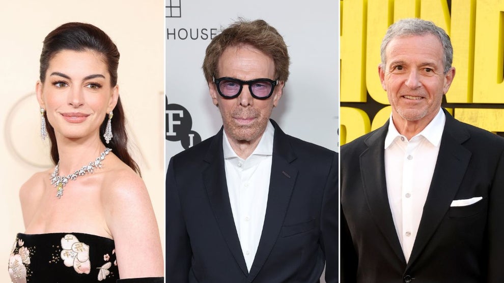 Anne Hathaway (Credit: Myung J. Chun / Los Angeles Times via Getty Images), Jerry Bruckheimer (Credit: Leon Bennett/Getty Images) and Bob Iger (Credit: Kevin Winter/WireImage)
