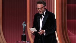 Seth Rogen accepts Catherine O'Hara's posthumous Actor Award win for "The Studio." (Valerie Macon/AFP via Getty Images)