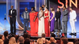 Delroy Lindo, Miles Caton, Wunmi Mosaku, Jayme Lawson, Omar Benson Miller, Li Jun Li, Lola Kirke, Francine Maisler, Michael B. Jordan and Jack O'Connell accept the Outstanding Performance by a Cast in a Motion Picture Award for "Sinners" at the 32nd Annual Actor Awards. (Matt Winkelmeyer/Getty Images)