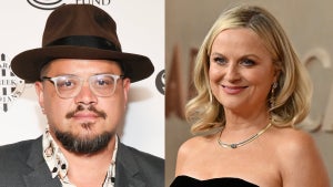 A split image of Sterlin Harjo (left) and Amy Poehler (right)