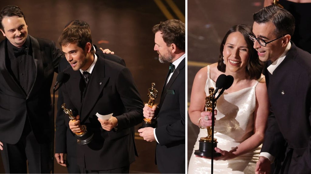 David Breschel, Sam A. Davis, and Jack Piatt accept the Live Action Short Film for "The Singers," and Natalie Musteata and Alexandre Singh accept the Live Action Short Film award for "Two People Exchanging Saliva" onstage during the 98th Oscars (Getty Images)