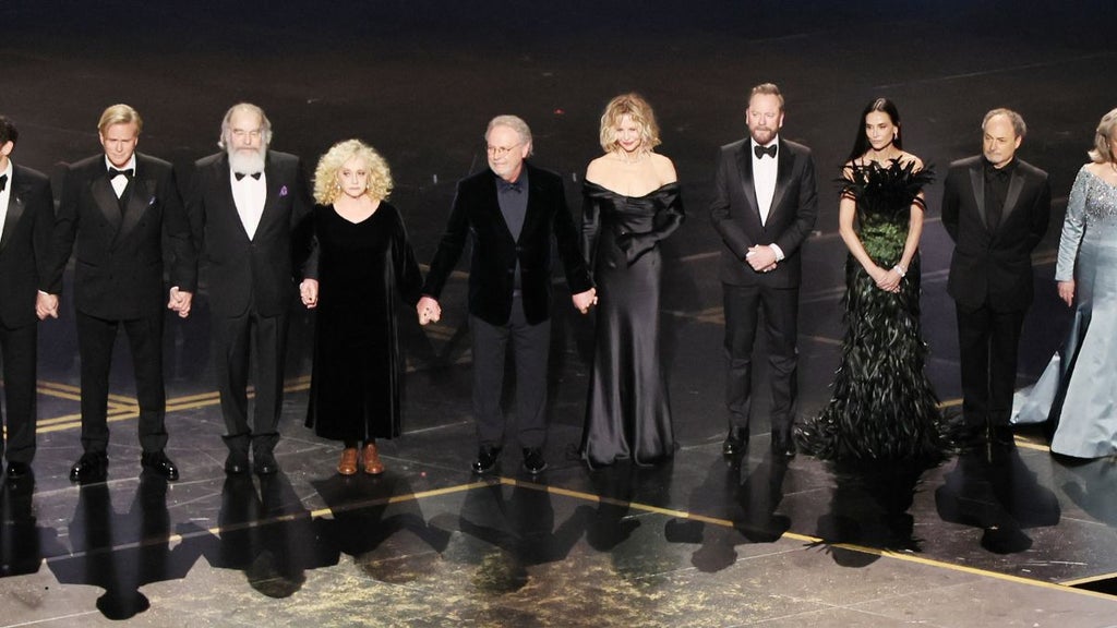 Members of the casts of several Rob Reiner films appear after Billy Crystal delivers a tribute to Rob Reiner at the 2026 (Getty Images)
