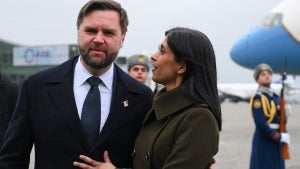 Vice President JD Vance and US Second Lady Usha Vance arrive at Heydar Aliyev International Airport in Baku, on Feb. 10, 2026. (AFP via Getty Images)