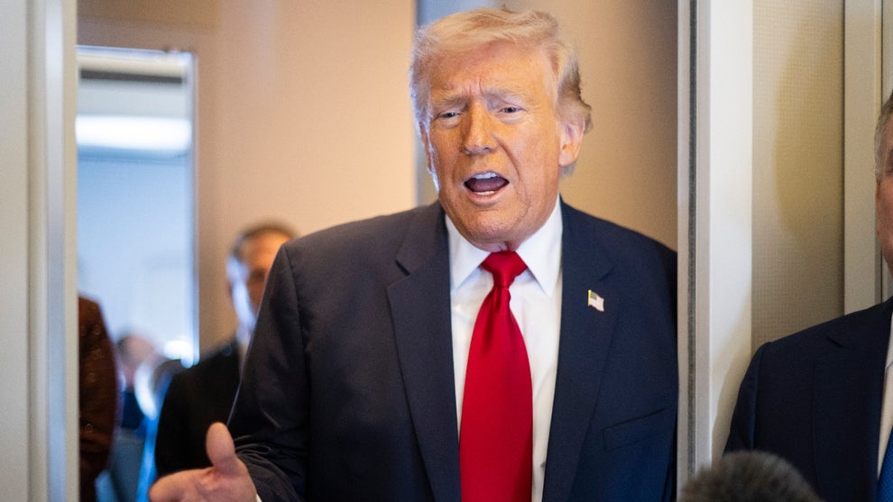 U.S. President Donald Trump speaks to members of the media traveling on Air Force One while heading to Miami on March 7, 2026