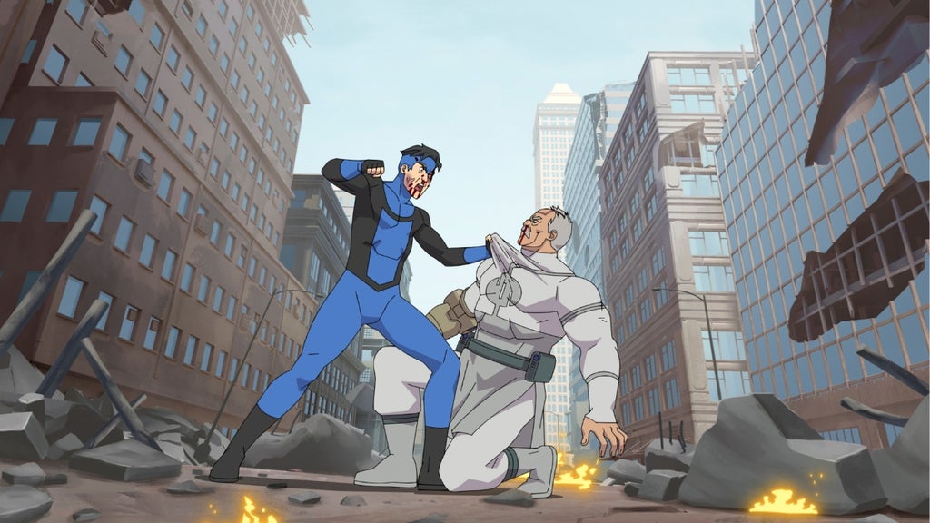 Invincible fights Conquest amid a city setting in "Invincible" Season 3