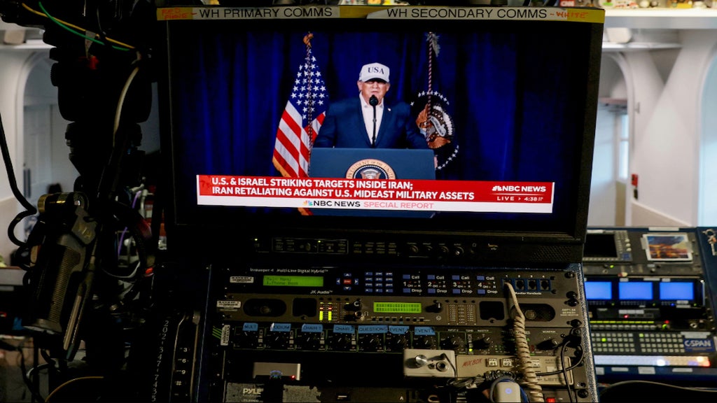 An NBC News live feed airs a clip from U.S. President Donald Trump's Truth Social video announcement in the White House James S. Brady Press Briefing Room on February 28, 2026 in Washington, DC. (Photo by Anna Moneymaker/Getty Images)