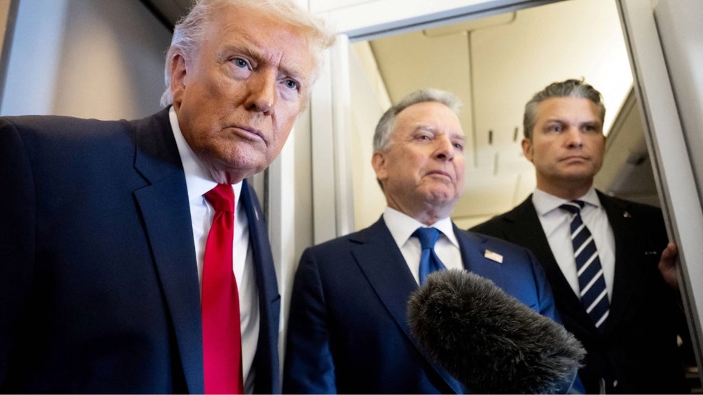 President Donald Trump speaks with the media alongside Hegseth and and special envoy Steve Witkoff on March 7, 2026. (Photo by SAUL LOEB / AFP via Getty Images)