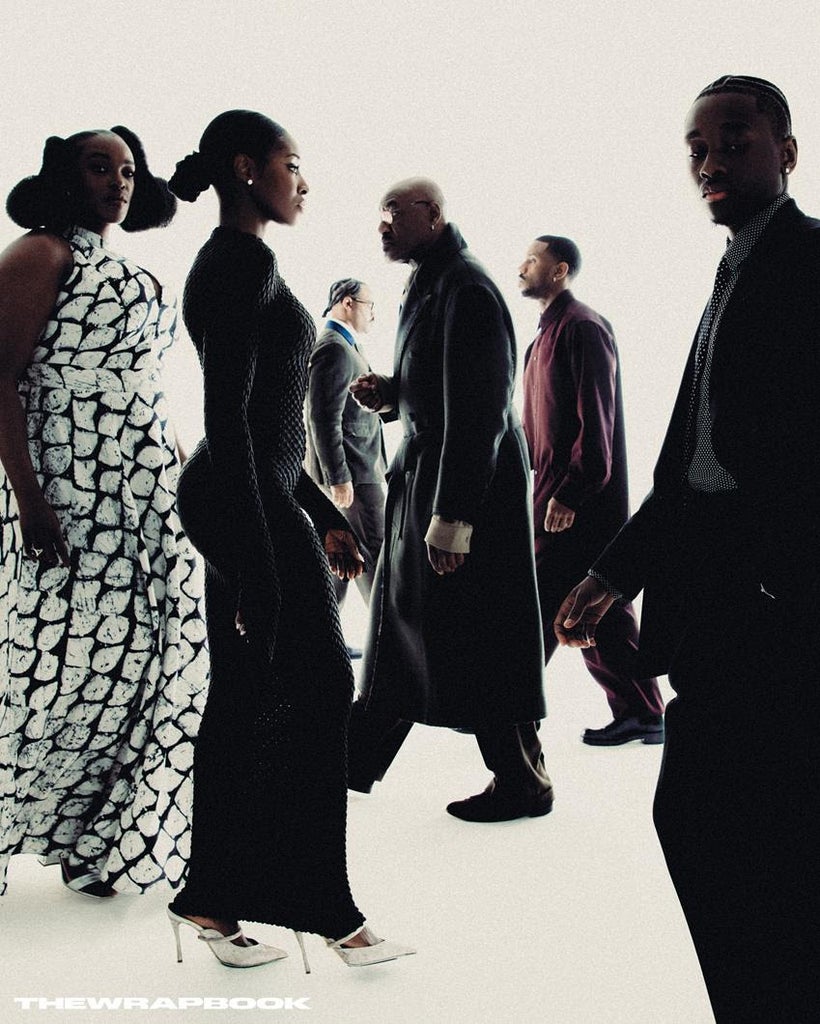 (L-R) Wunmi Mosaku, Jayme Lawson, Ryan Coogler, Delroy Lindo, Michael B. Jordan and Miles Caton in TheWrapBook Vol. 5. Source: Yudo Kurita for TheWrap