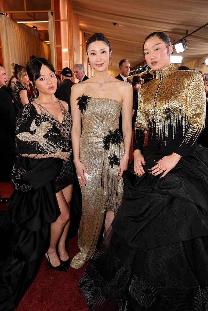 Rei Ami wearing Rahul Mishra couture, Ejae wearing custom Dior and Audrey Nuna wearing custom Thom Browne. Source: Getty