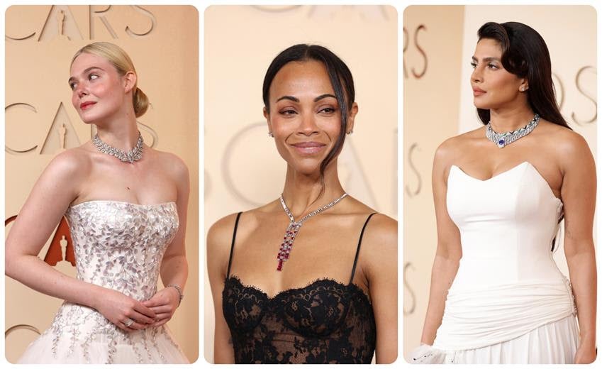 Elle Fanning and Zoe Saldaña in Cartier; Priyanka Chopra in Bulgari. Source: Getty
