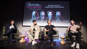 Kayla Cobb moderates the “The Next Wave of Short-Form Storytelling” panel with Dhar Mann, Fox Entertainment CEO Rob Wade and Tony Vassiliadis, Fox Entertainment's EVP of Operations & Strategy at TheWrap's Creators x Hollywood at the Lighthouse on April 8, 2026. (Randy Shropshire for TheWrap)