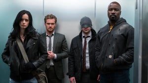 Jessica Jones (Kristen Ritter), Iron Fist (Finn Jones), Daredevil (Charlie Cox) and Luke Cage (MIke Colter) in "The Defenders"