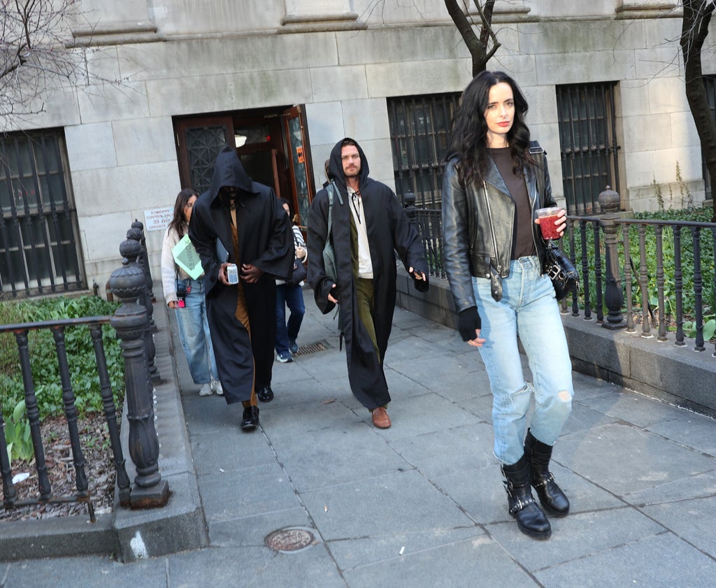 Mike Colter, Finn Jones and Krysten Ritter on the set of "Daredevil: Born Again" (Photo by Jose Perez/Bauer-Griffin/GC Images)