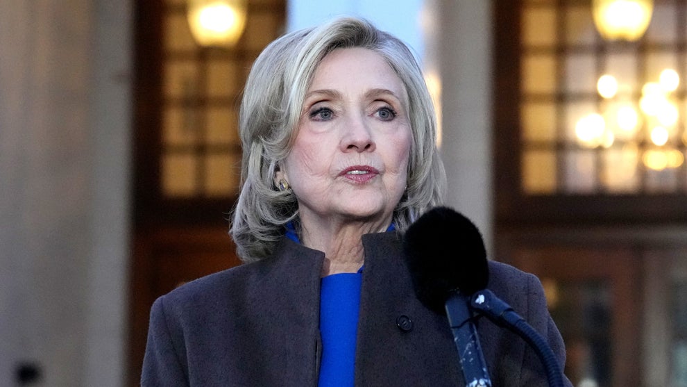 Former U.S. Secretary of State Hillary Clinton speaks to the press after testifying in a closed-door deposition with the House Oversight Committee at the Chappaqua Performing Arts Center on February 26, 2026 in Chappaqua, New York. (David Dee Delgado/Getty Images)