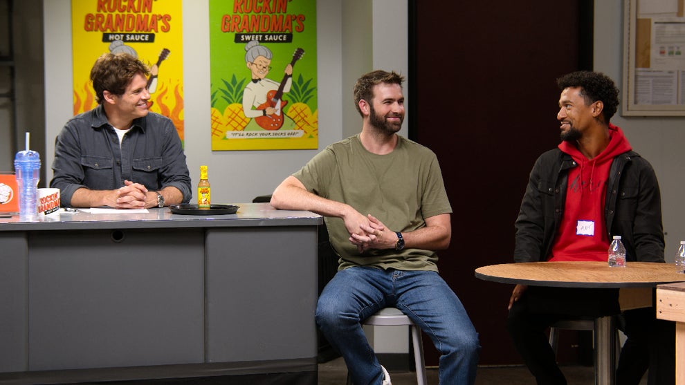 James Marsden, Ronald Gladden and Anthony Norman in the "Jury Duty Presents: Company Retreat" special episode "The Meeting" (Courtesy of Prime Video)