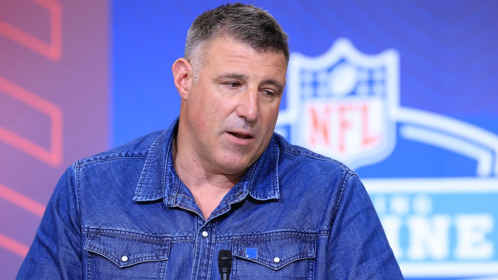 Mike Vrabel of the New England Patriots speaks to the media on Feb. 25, 2026. (Justin Casterline/Getty Images)