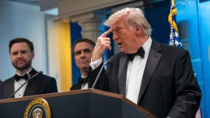 President Donald Trump speaks during a press conference at WHCD dinner (Credit: Andrew Leyden/Getty Images)