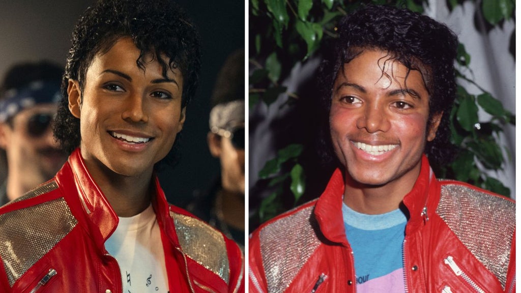 Jafaar Jackson as Michael Jackson in "Michael," real-life Michael Jackson (Lionsgate, Getty Images)