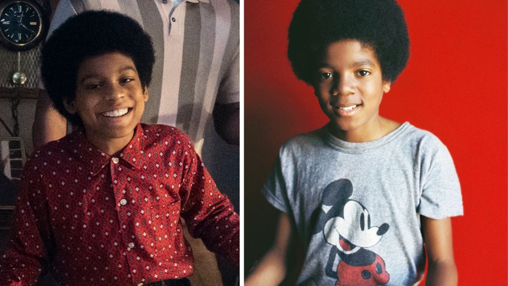 Juliano Krue Valdi as young Michael Jackson in "Michael," real-life young Michael Jackson (Lionsgate, Getty Images)