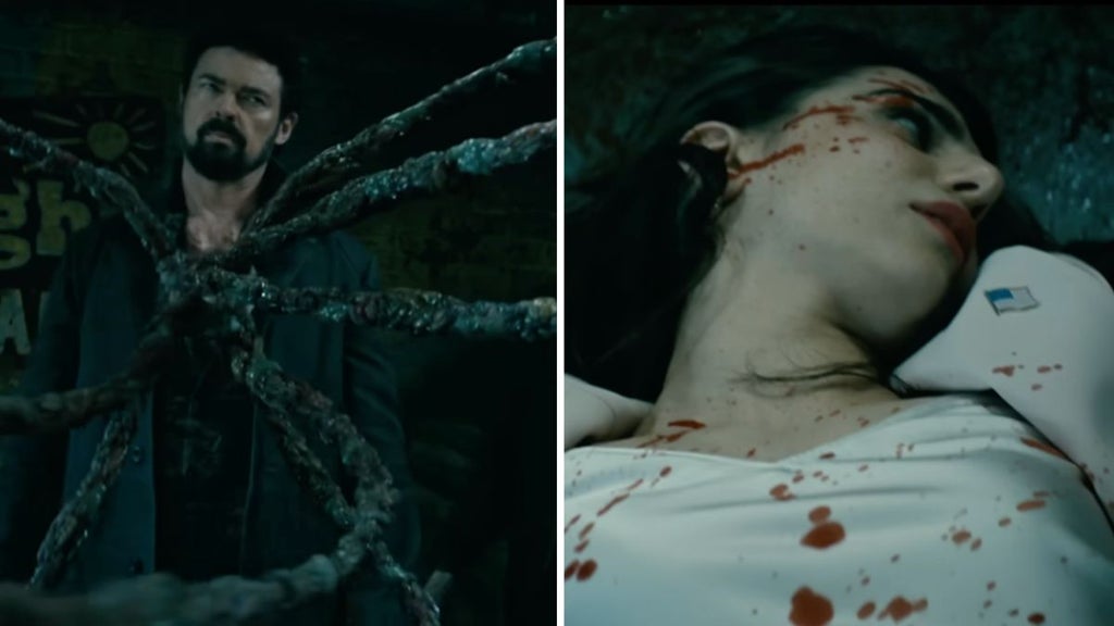 Karl Urban as Butcher and Claudia Doumit as Victoria Neuman in "The Boys" Season 4 (Prime Video)