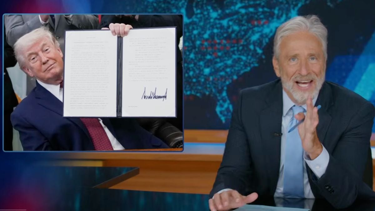Jon Stewart Pauses His Own Monologue to Riff on Trump’s Nonsensical Signature: ‘Sorry to Derail the Program’ | Video