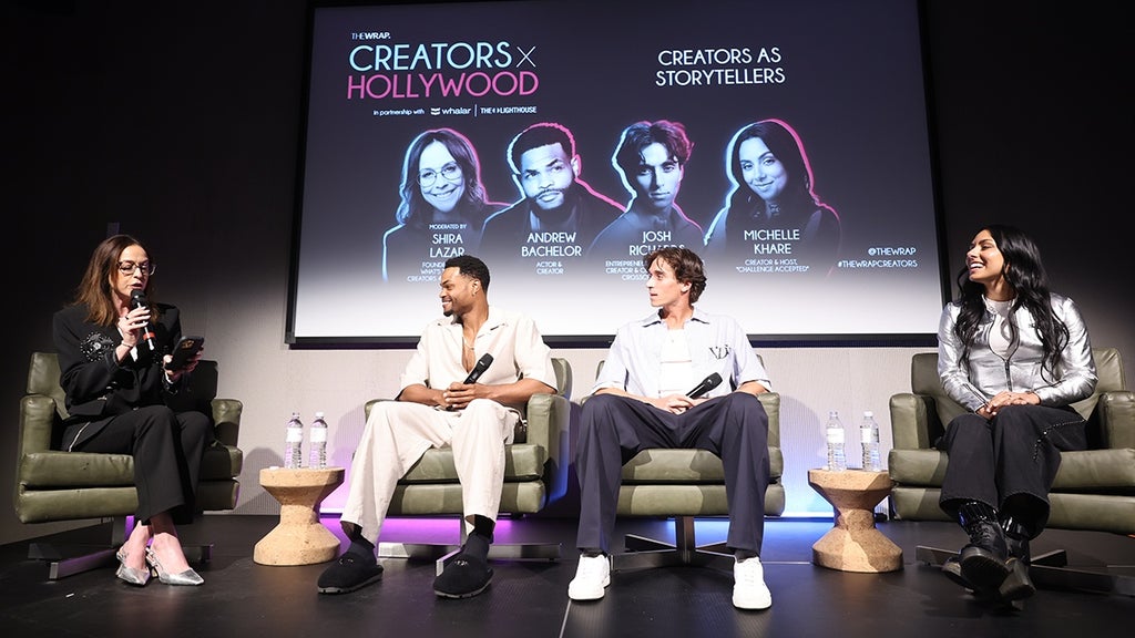 Shira Lazar, Founder & CEO, What's Trending, Creators 4 Mental Health, Andrew Bachelor, actor and creator, Josh Richards, Entrepreneur, Multi-Hyphenate Creator & Cultural Architect, CrossCheck Studios speak onstage during the “Creators as Storyteller” panel at TheWrap’s Creators x Hollywood at the Lighthouse on April 8th, 2026, Venice, CA