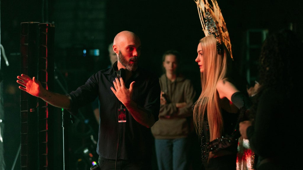 David Lowery directs Anne Hathaway on the set of "Mother Mary" 