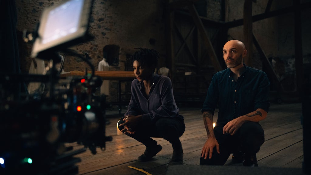 Michaela Coel and David Lowery on the set of "Mother Mary"