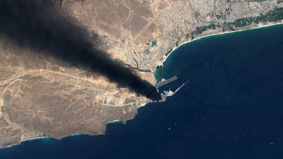 Satellite view of the Salalah oil storage fire in Oman. An Iranian drone strike on March 11 ignited the blaze over the Gulf of Oman’s strategic port.