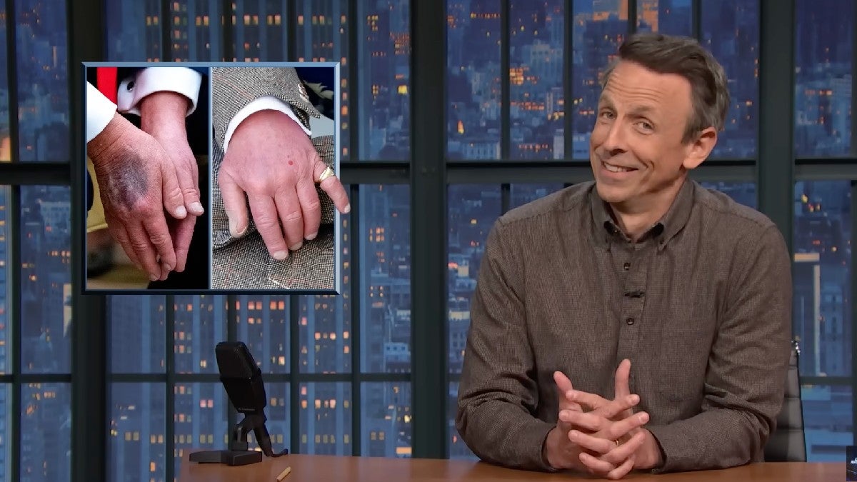 Seth Meyers Hesitates to Start Next Joke in Monologue Just to Look at Photo of Trump’s Hand Longer | Video