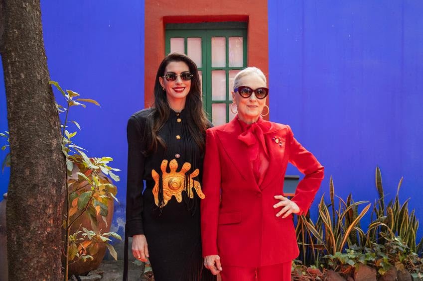 Anne Hathaway (L) and Meryl Streep pose for a photo during a conference for the movie The Devil Wears Prada 2 at Casa Azul on March 30, 2026 in Mexico City, Mexico. Source: Getty