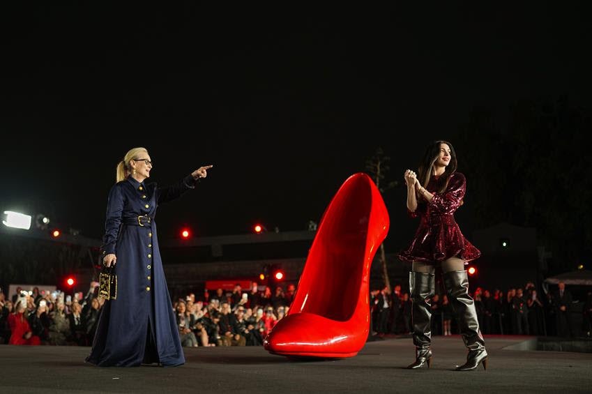 Anne Hathaway (R) and Meryl Streep attend the red carpet for the movie The Devil Wears Prada 2 at Anahuacalli Museum on March 30, 2026 in Mexico City, Mexico. Source: Getty
