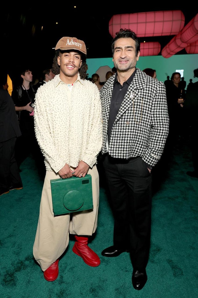 Kumail Nanjiani, right, wearing a look by Advisry designer Keith Herron, left, an awards finalist. Source: Getty