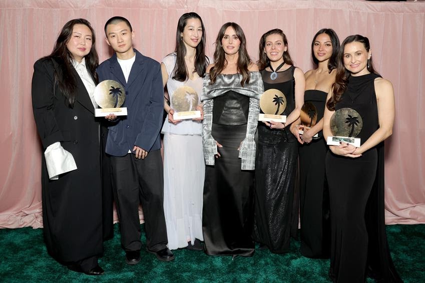 (L-R) Fashion Trust U.S. Awards winning designers Kristy Chen, Zane Li, Deborah Won, Josefina Baillères, Marcelle Barbosa and Andrea Marron with Tania Fares, center, at the Fashion Trust U.S 2026 Awards at Nya Studios on April 8, 2026 in Los Angeles, California. Source: Getty