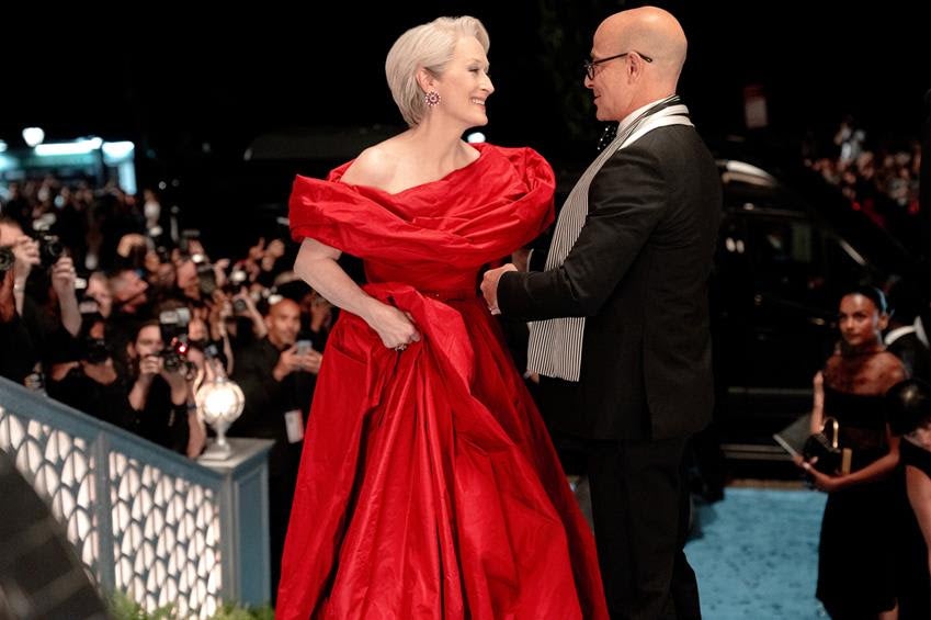 Meryl Streep as Miranda Priestly and Stanley Tucci as Nigel Kipling in 20th Century Studios' The Devil Wears Prada 2. Source: 20th Century Studios