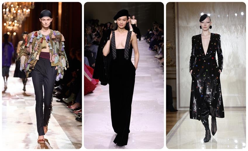 Dries Van Noten Fall 2025 look (left), and Armani Privé Fall 2024 -25 looks (center and right), all appear in The Devil Wears Prada 2. Source: Getty
