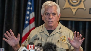 Pima County Sheriff Chris Nanos speaks to the media on Feb. 3, 2026 in Tucson, Arizona. (Jan Sonnenmair/Getty Images)