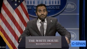 Aziz Ansari appears as FBI Director Kash Patel in the May 2, 2026 cold open of "Saturday Night Live" (NBC)
