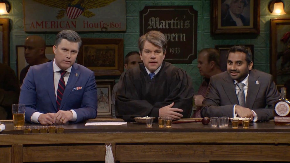 Colin Jost as Pete Hegseth, Matt Damon as Brett Kavanaugh and Aziz Ansari as Kash Patel in the cold open of the May 9, 2026 edition of "Saturday Night Live!" (NBC)