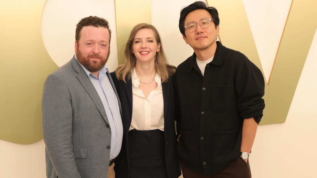 Neil Casey, Katie Dippold and Hiro Murai attend Apple TV Press Day at Barker Hangar on February 03, 2026 in Santa Monica, California. (Matt Winkelmeyer/Getty Images)