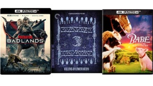 Cover art for the Blu-rays of "Predator: Badlands," "Killers of the Flower Moon" and "Babe"
