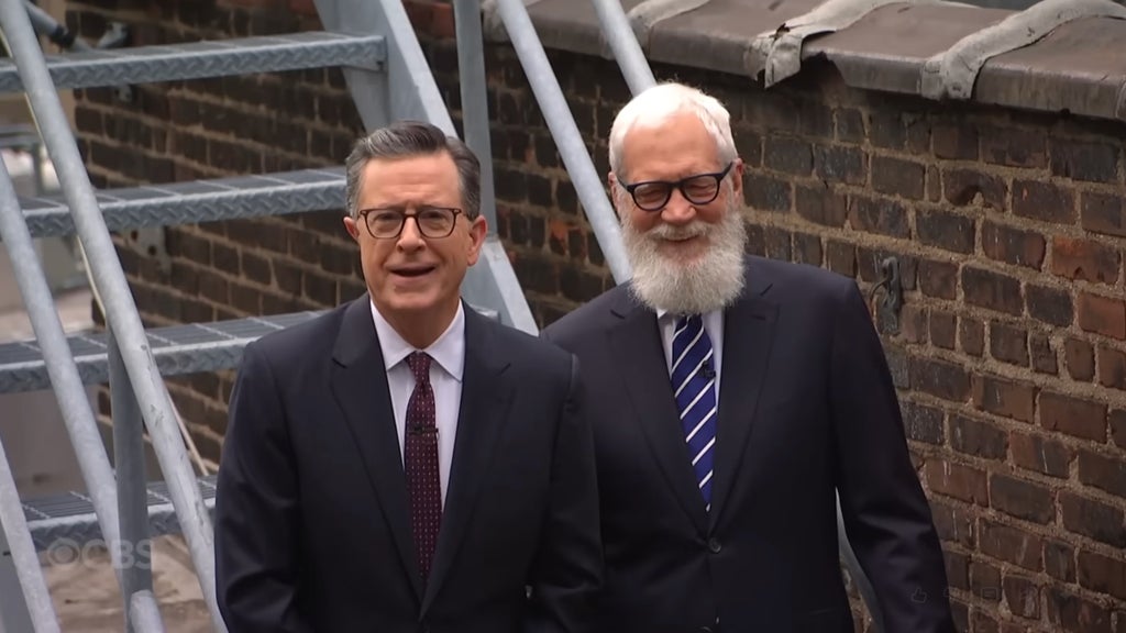 Stephen Colbert and David Letterman throw CBS furniture off the roof of the Ed Sullivan theater